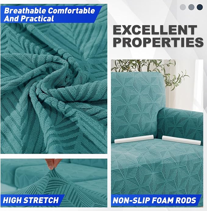 YEMYHOM 1 Piece Stretch Couch Covers for 3 Cushion Couch, Jacquard Sofa Cover with Non-Slip Elastic Bottom, Thickened Slipcover Furniture Protector for Dogs Pets (Large, Peacock Blue） - Image 3