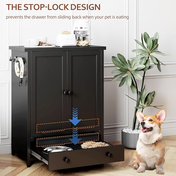 Dog Feeding Station with Storage, Metal Dog Food Storage Cabinet with 2 Elevated Bowls and 3 Hooks, Pet Feeding Station and Food Storage Organizer, Black - Image 2