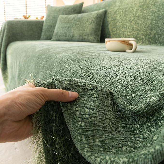 Forest Green Soft Thick Slub Chenille Couch Cover Large 71x118 in | for All Shape Sofa Couch, Slub Furniture Protector Machine Washable, Green Sofa Slipcover for Dogs Pets Kids - Image 6
