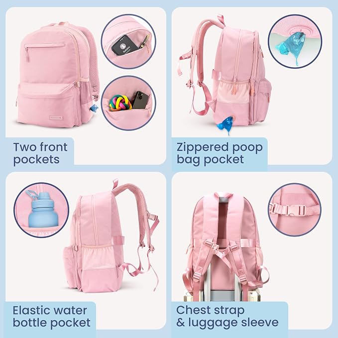 Dog Travel Bag for Supplies - Complete Dog Diaper Bag Backpack with 2 BPA-Free Travel Bowls, Treat Pouch, Food Container, Placemat & Laptop Sleeve – for Traveling, Road Trips, Hiking: Dusty Pink | 2 BPA-Free Bowls; Food Container & Treat Pouch; Placema... - Image 6