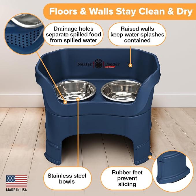 Neater Feeder Deluxe Mess-Proof Elevated Dog Bowls for Large Dogs (40+ lbs), 2 Height Adjustable (14.5” & 17.5”) No-Spill Raised Dog Bowl Stand, Stainless Steel Food Bowl Set, Made in USA, Dark Blue - Image 5