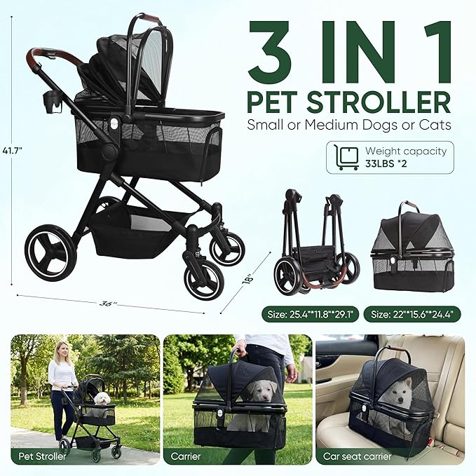 Foldable Dog Stroller, 3 in 1 Pet Stroller for Small Medium Dog Cat up to 50lbs, Detachble Portable Pet Bag, Storage Basket and One-Button Folding Frame