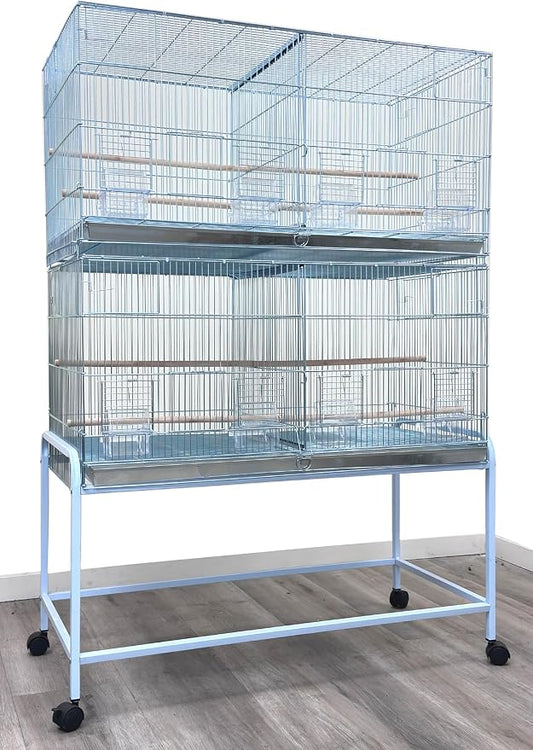 Lot-2 Extra Large 35.5"x18"x19"H No Rust Stainless Galvanized Zinc Stackable Breeder Bird Flight Cage Side Breeding Nest Box Door Removable Divider with Removable Rolling Stand by Mcage