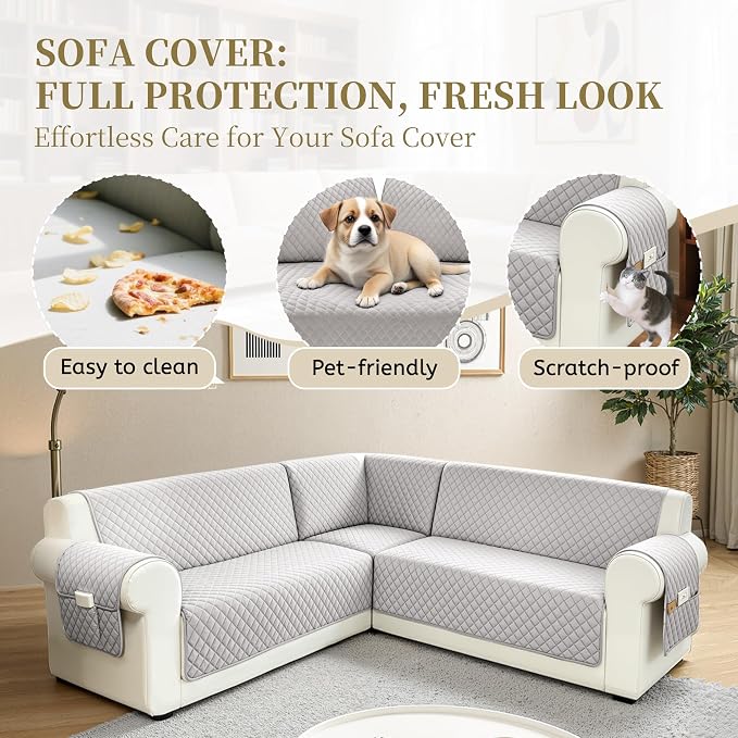 Sectional Couch Covers for Dogs 100% Waterproof Corner L Shaped Sofa Cover Pet Friendly Velvet Washable Anti Slip L Shape Modular Sofa Slipcover Protector with Pockets (Pale Gray, XX-Large) - Image 4