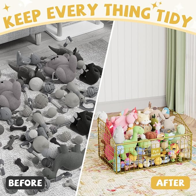 Kaiferty Indestructible Dog Toy basket, Large Toy Bin for Dogs,Pet Toy Bin Dog Metal Basket Organizer Storage for Toys Food Storage (Gold) - Image 5