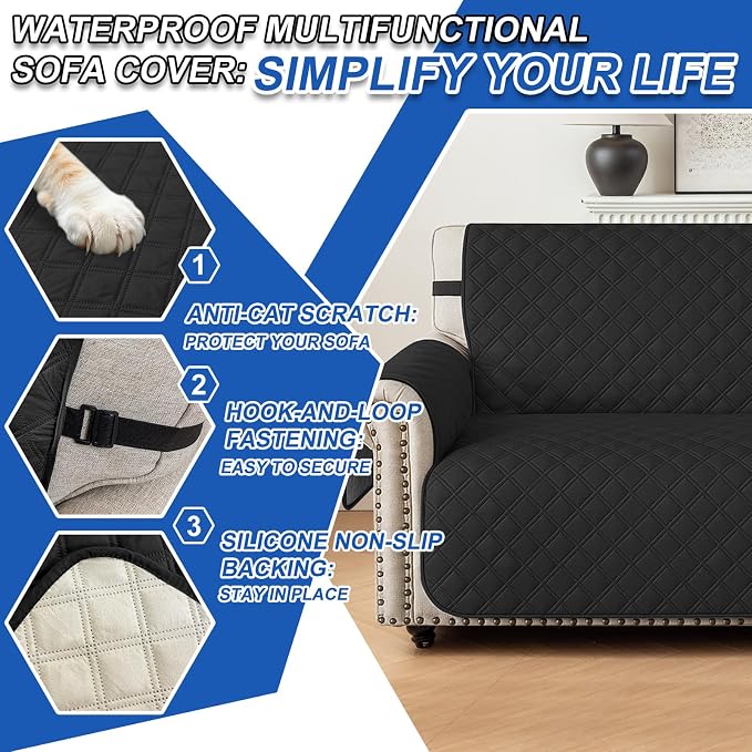 Waterproof Loveseat Covers for 2 Cushion Couch, Sofa Covers for Pets Washable with Side Pockets, Non Slip Couch Covers for Dogs, Dog Couch Cover with Elastic Straps (Loveseat, Black) - Image 6