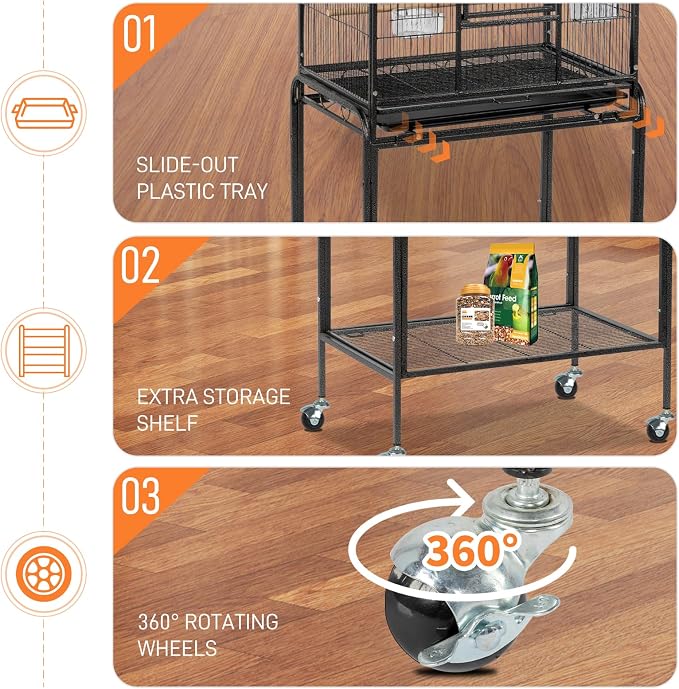 VINGLI 53-inch Bird Cage with Wheels, Durable Wrought Iron Parakeet Cage with Slide Out Tray, Black Bird Cages for Parakeets/Lovebird/Cockatiels/Budgies and Other Small/Medium Birds (Black, 53 inch) - Image 4