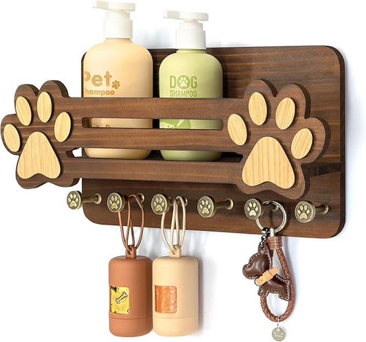 MTERSN Decorative Dog Leash Holder for Wall - Dog Accessories Organizer with Floating Shelf and 6 Key Hooks – Key Holder Wall Mount for Cute Stuff & Rustic Home Decor (Brown) by MTERSN
