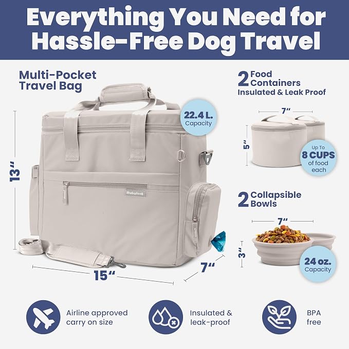 Rubyloo Original Doggy Bag™ Dog Travel Bag for Supplies with Travel Bowls | 2 BPA-Free Collapsible Bowls, 2 Pet Food Containers, TSA-Ready, Road Trips, Camping, Weekend Getaways, Doggy Gift, Beige - Image 3
