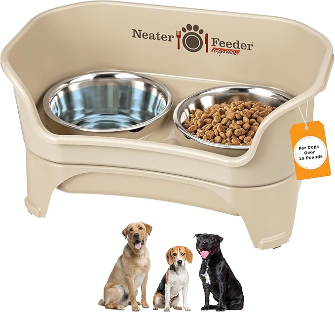 Neater Feeder Express Mess Proof Dog Bowls Elevated for Medium to Large Sized Breed, No Spill Raised Dog Food Bowl Stand, Stainless Steel Food and Water Bowl Set, Pet Dish Feeding Station, Almond by NeaterPets