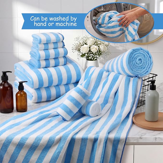 SmoothNovelty 20 Pack Microfiber Towels Bulk 4 Oversized Bath Towel 35 x 70 inch 4 Hand Cloth 12 Washcloth Large Soft Highly Absorbent for Beach Shower Bathroom Pool Salon Hotel (Blue,Stripe) - Image 4