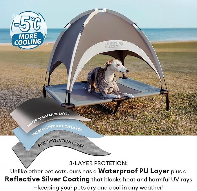 FUNNY FUZZY Elevated Dog Bed with Canopy,Grey, Large(36"x30"x7")–Outdoor Pet Cot with UV Protection, Breathable Mesh for Cooling, Indoor & Outdoor Use for Dogs up to 120 lbs - Image 3