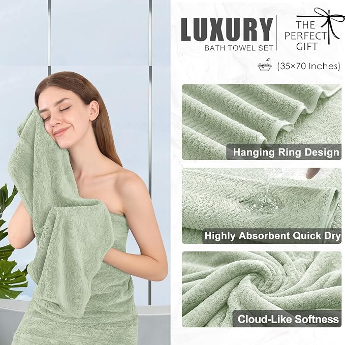 4 Piece Extra Large Bath Towel 35"x70" Oversized Bath Sheet Green Bath Towel Set for Bathroom Ultra Soft Cozy Highly Absorbent Quick Dry Bathroom Towel for Spa Gym Hotel,Shower Towel for Daily Use - Image 3
