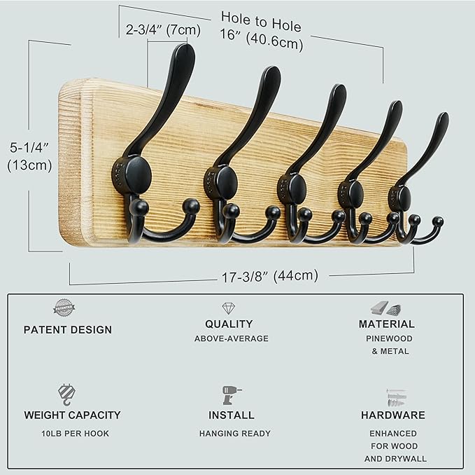 Dseap Coat Rack Wall Mount - Heavy-Duty Robust Rustic Wooden Wall Coat Hanger Hook Rail with 5 Triple Hooks for Winter Coats Hat Jacket Clothing, Light Brown & Black, Pack of 2 - Image 6