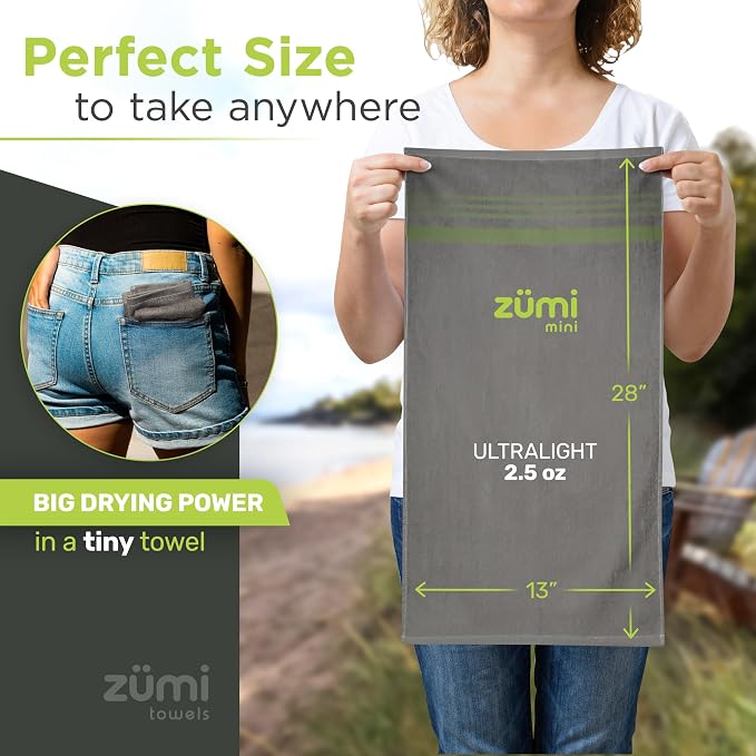 Zumi MINI 100% Cotton Camping Travel Towel - Small, Ultralight, Fast Drying, Highly Absorbent, Soft and Gentle on the Skin, Safe for the Planet (28"x13" Gray) - Image 4