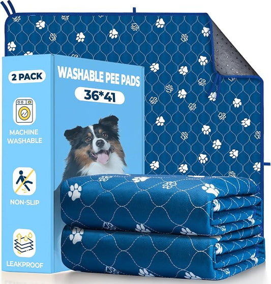 Fostanfly Washable Pee Pads for Dogs, Ultra-Absorbent, 2 Pack 36"x41" Blue | Leak-Proof, Waterproof, Non-Slip, Large Reusable Pee Pads for Puppy Potty Training, Crate and Playpen with 8 Tie Straps by HOME
