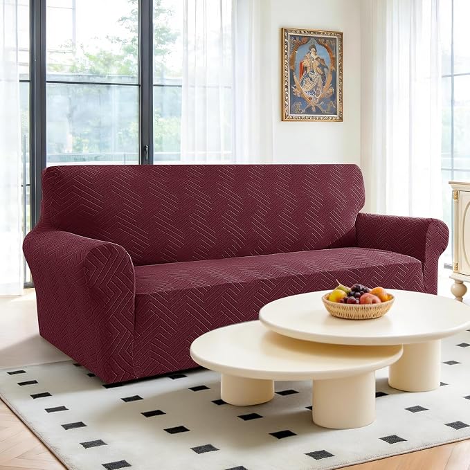 Stretch Sofa Cover Non-Slip Washable Furniture Protector | Stretch, 71"-91".Soft, Non Skid Foam, Elastic Bottom, Machine Washable, for Kids & Pets, Couch & Sofa, Wine Red - Image 2