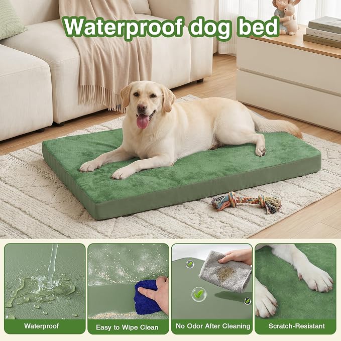 Waterproof Extra Large Dog Bed Washable Outdoor Orthopedic XL Crate Pad 42" | Reversible Wipeable Faux Leather & Soft Flannel, Durable Foam Pet Bed, Removable Cover,Anti-Slip Kennel Pad 41"x27" Green - Image 2