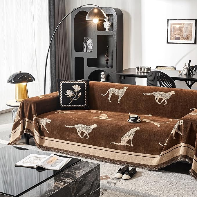 Leopard Print Chenille Sofa Cover Throw Blanket, Non-Slip Furniture Protector with Tassel Edges, Machine Washable, Pet & Kid Friendly for Living Room (Brown) (90"x134") - Image 7