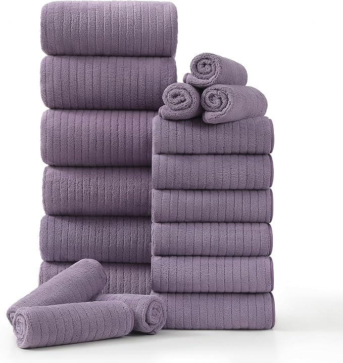 18 Piece Family Bath Towel Set Include 6 Bath Towels,6 Hand Towels and 6 Washcloths Soft Bathroom Towel with Hanging Loops,Highly Absorbent Quick Dry Towels Set for Bathroom,Hotel and Spa-Dark Purple by Hailea