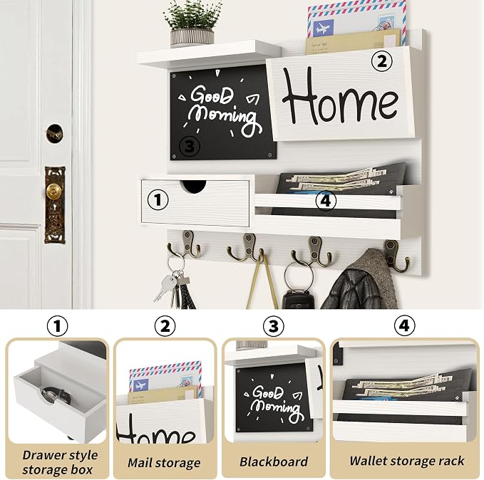 Farmhouse Key Holder for Wall with Mail Organizer - Easy Installation Wall Mount Organizer, Includes Chalkboard, Drawer, Wallet Holder & 4 Double Hooks, Ideal for Entryway, Quick Access - White - Image 5