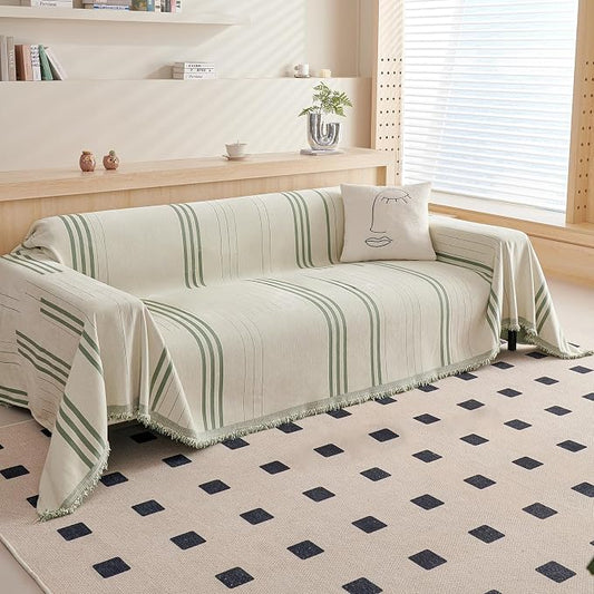 DREAMINGO Couch Cover Reversible Chenille 3 Seat Sofa Covers for Dogs Pets Beige Green Couch Protector for 3 Cushion Couch Sofa Vertical Stripe Jacquard Sofa Slipcover Sectional, 71"x134" by DREAMINGO