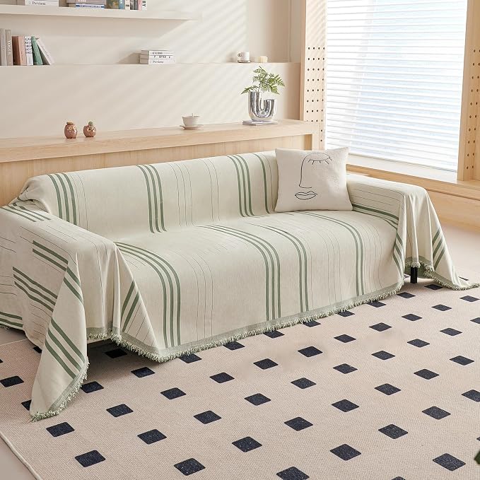 DREAMINGO Couch Cover Reversible Chenille Loveseat Sofa Covers for Dogs Pets Beige Green Couch Protector for 2 Cushion Couch Sofa Vertical Stripe Jacquard Sofa Slipcover Sectional, 71"x118" by DREAMINGO
