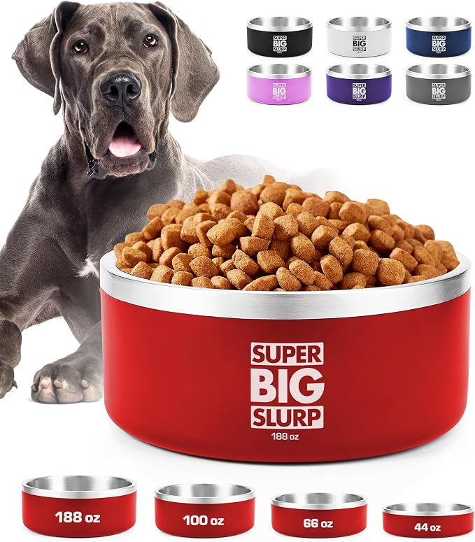 Tuff Pupper Heavy Duty Insulated Dog Bowl | Double Wall Stainless Steel Dog Food Dish | Non-Slip Spill Proof Dishwasher Safe Cat Bowl | Water Dish for Feeding Large Medium Small Pets (188oz, Red) by TuffPupper