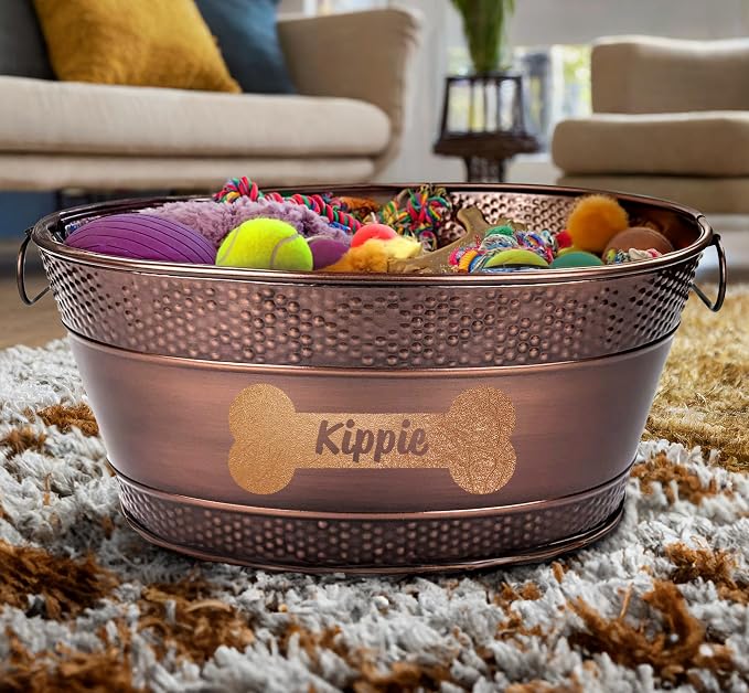BREKX Personalized Metal Dog Toy Bin - Copper Galvanized Storage Bin with Handles, Basket for Pet Toys, Dog Toy Box, Pet Storage - Custom Dog Name Gift - Image 2