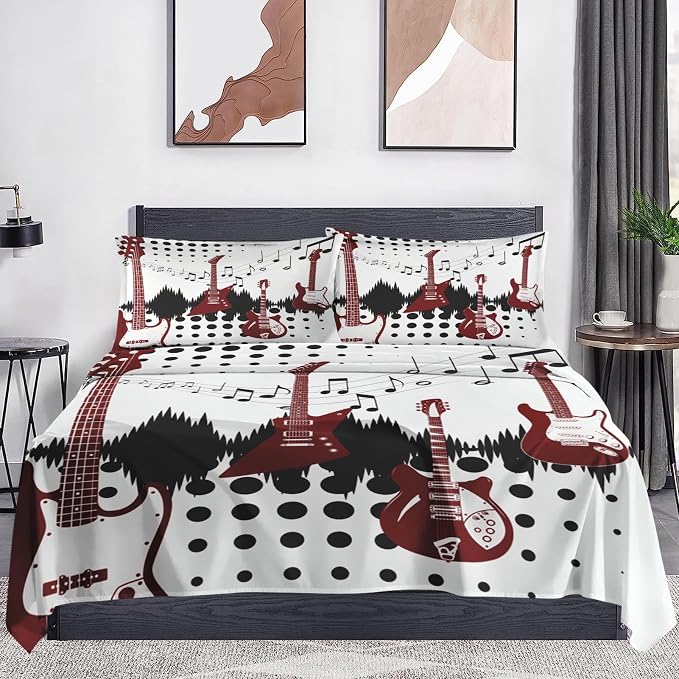 WeCozy Full Size Bed Sheet Sets with Pillowcases, Guitar Rock Music 4 Pcs Soft Microfiber Bedding for Kids and Adults, Musical Play Flat, Fitted Sheet for Bedroom Bed Decor - Image 2
