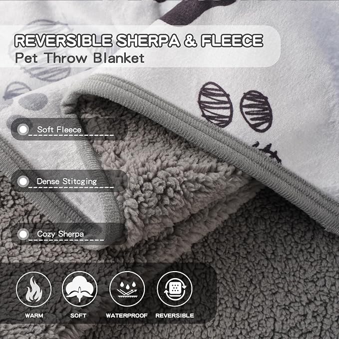 Waterproof Dog Blankets Pet Blanket 50"x60", Soft Fluffy Sofa Car Bed Protector, Reversible Sherpa Fleece Dog Blanket for Large Dogs(Light Grey-Paws) - Image 4