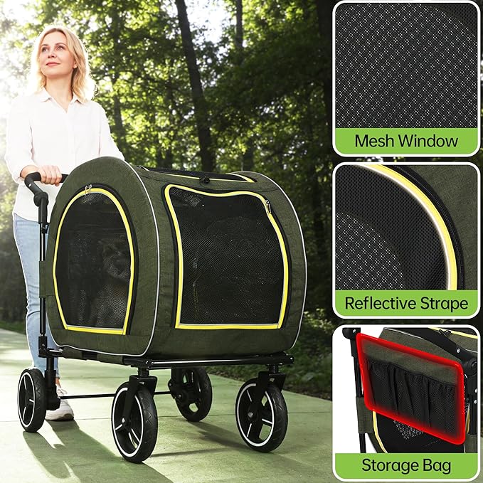 Pet Stroller for Dogs Cats up to 50 lbs, Foldable Dog Stroller with 360° Swivel Wheels, Detachable Carrier, Adjustable Handle, Travel Dog Stroller for Small Medium Large Pets, Green