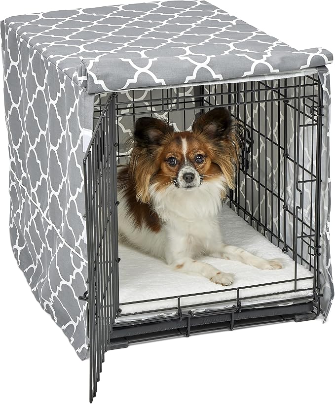 MidWest Homes for Pets Small Dog Crate Cover Featuring Teflon Fabric Protector, Poly-Cotton Privacy Kennel Cover Fits Most 24-inch Crates, Gray Designer Print, Machine Washable, Reduces Barking by NewWorldPetProducts