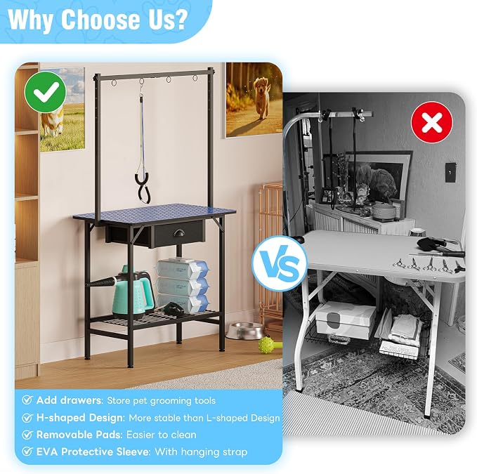 32-Inch Dog Grooming Table with Drawer & Mesh Tray,Adjustable Pet Grooming Table with Non-Slip Removable Washable Mat & EVA Protective Lanyard, Professional Grooming Table for Small Dog at Home（Blue） - Image 7