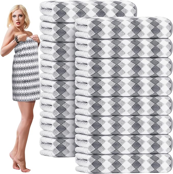 SmoothNovelty 16 Pack Microfiber Bath Towels Bulk 27'' x 60'' Oversized Size Bath Towel Highly Absorbent Extra Large Soft Drying for Beach Shower Summer Salon Sport Gym Party (Grid,Grey) by SmoothNovelty