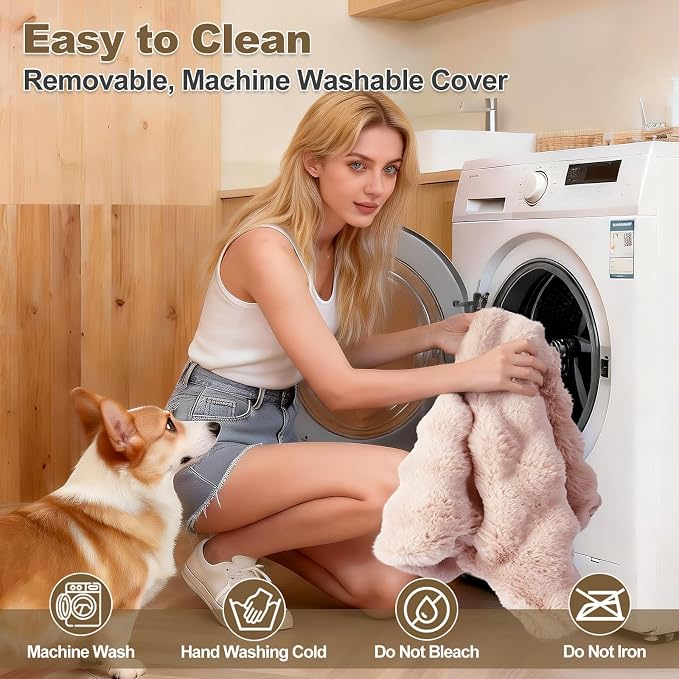 Orthopedic Dog Beds for Large Dogs, Fluffy Faux Rabbit Fur Pet Bed with Removable Washable Cover, Dog Bed Mat with Egg Crate Foam & Waterproof Lining, Anti Slip Bottom, Light Khaki,36"x27"x3" - Image 8