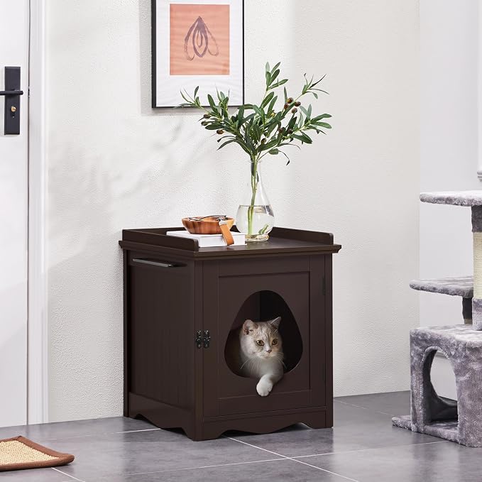 Yaheetech Cat Litter Box Enclosure, Hidden Litter Box Furniture with Side Towel Bar, Wooden Cat Washroom, Storage Cabinet, Indoor Pet House, Side Table Nightstand, Espresso - Image 2