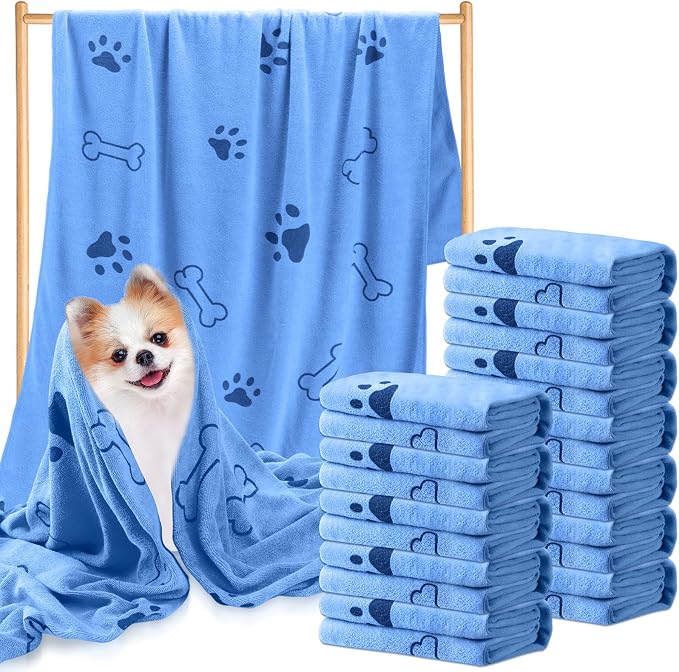 Tatuo 12 Pcs Dog Grooming Towels 28 x 55 Inch Microfiber Drying Pet Bath Towels Dog Absorbent Towel Quick Drying Puppy Bathing Supplies for Small Medium Large Puppy Cat(Blue,Paw, Bone) by Tatuo