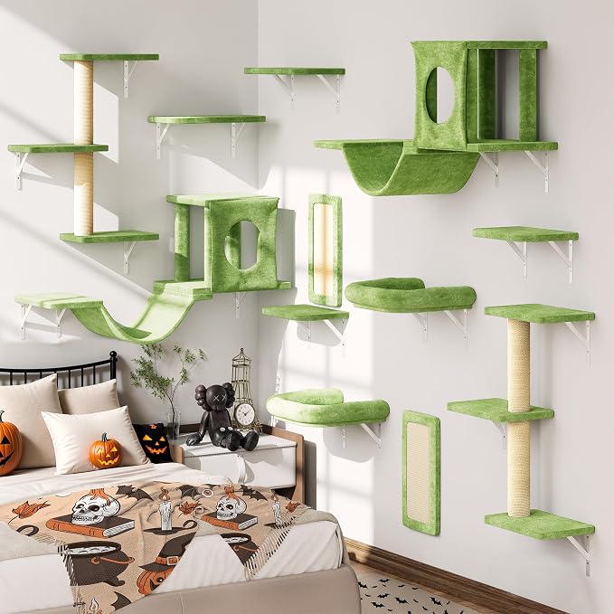 12-in-1 Cat Wall Shelves, Luxury Wall-Mounted Cat Climber Set | with Condos House, Scratching Post, Bridge Ladder, Indoor Space-Saving Furniture for Kittens, Green by NUNULAB