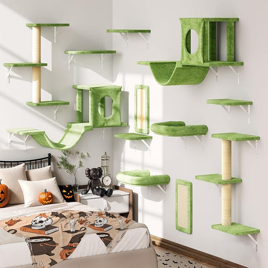 12-in-1 Cat Wall Shelves, Luxury Wall-Mounted Cat Climber Set | with Condos House, Scratching Post, Bridge Ladder, Indoor Space-Saving Furniture for Kittens, Green by NUNULAB