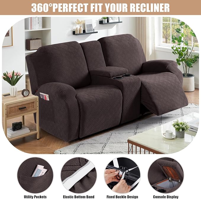 VANSOFY Stretch Recliner Loveseat Cover with Middle Console, Chocolate | 4-Pieces, Soft Furniture Protector, Washable Slipcover with Pocket, Pets Sofa Cover, High Stretchy fabric Couch Cover - Image 5