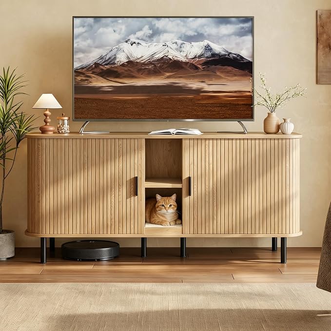58" Double Cat Litter Box Enclosure, Large Hidden Litter Box Furniture for 2 Cats with Cat Scratch Pad, Wooden Modern Indoor Cat House with Double Room, TV Stand, Side Table, Natural - Image 6