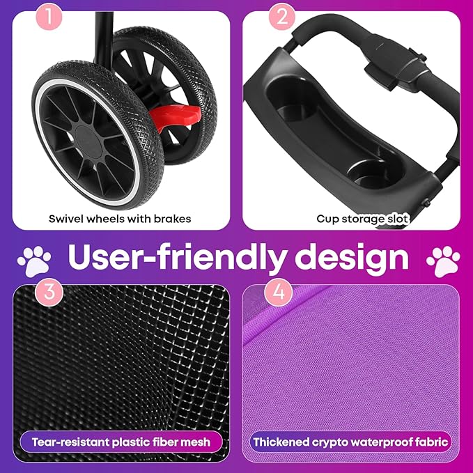 Pet Stroller,Dog Stroller for Small Medium Dogs Cats,3 Wheels,Foldable,with Breathable Mesh Canopy,Cup Holders,Easy Assembly,Purple