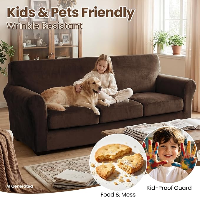 XINEAGE 4-Piece Velvet Oversize Sofa Cover,Couch Covers for Dog,Dark Coffee | 3 Cushion Large Sofa,Stretch Non-slip Elastic, Pet-friendly, Washable, Fast Setup, Soft Plush Fabric, Furniture Protector. - Image 6