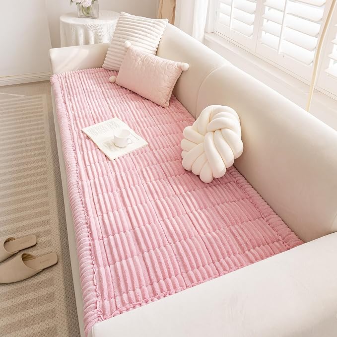 vctops Striped Couch Cover Super Soft Corduroy Sectional Sofa Cover Washable Non Slip Sofa Slipcover Furniture Protector for Kid Dog Pet,1 Piece (Pink,27"x59") - Image 5