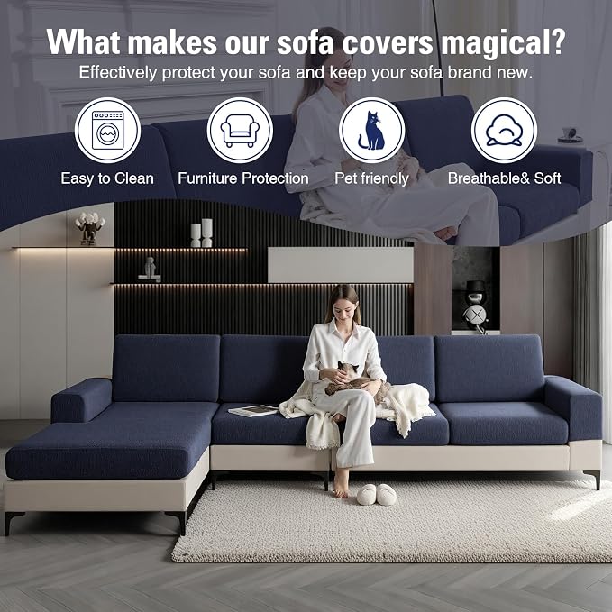Sectional Couch Covers Stretch Cushion Covers Washable Wear-Resistant Universal Sofa Slipcovers Furniture Protector Separate Seat Chaise Couch Cover (Navy, 2 PC Armrest Covers) - Image 6