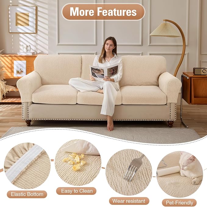 Couch Cushion Covers Sectional Couch Covers Stretch Washable Soft Seat Cushion Covers Furniture Protector Sofa Slipcovers for Pets(Natural, 1 Piece Seat Cover or Back Covers) - Image 3