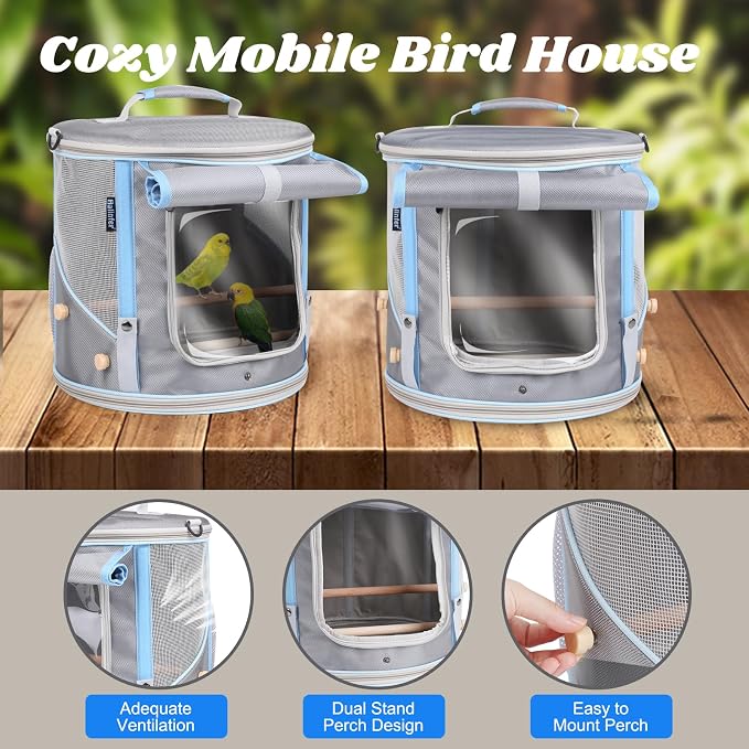 halinfer Bird Travel Carrier Cage for Small to Medium Size, Portable Parrot Parakeet Cockatile Conure Transport Cage with Clear Window and Fabric Shade, Round Carry Bird Bag - Image 4