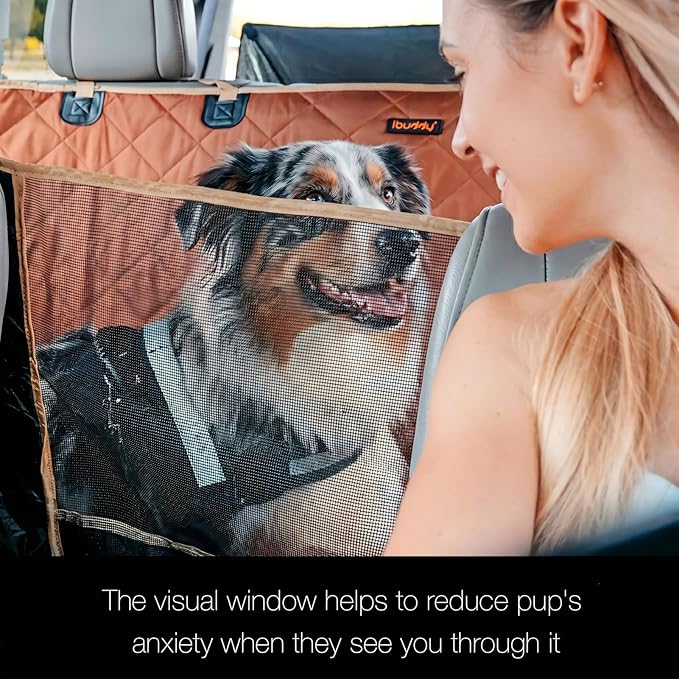 56"Wx60"L Dog Car Seat Cover for SUV & Truck, Heavy Duty 900D Waterproof Pet Hammock with Mesh Window, Odorless Scratchproof Backseat Protector for Large Dogs, Fit Model Y, F-150, RAV4 - Brown - Image 3