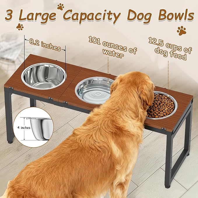 Elevated Dog Bowls Large Breed, Adjustable, 3 Bowl 12.5cup/101oz | 15"/16"/17"/18"/20" Height Fits Giant Dogs Like Great Dane, Stainless Steel Bowls , Iron Holder, Wooden Platform, Grained Oak - Image 3
